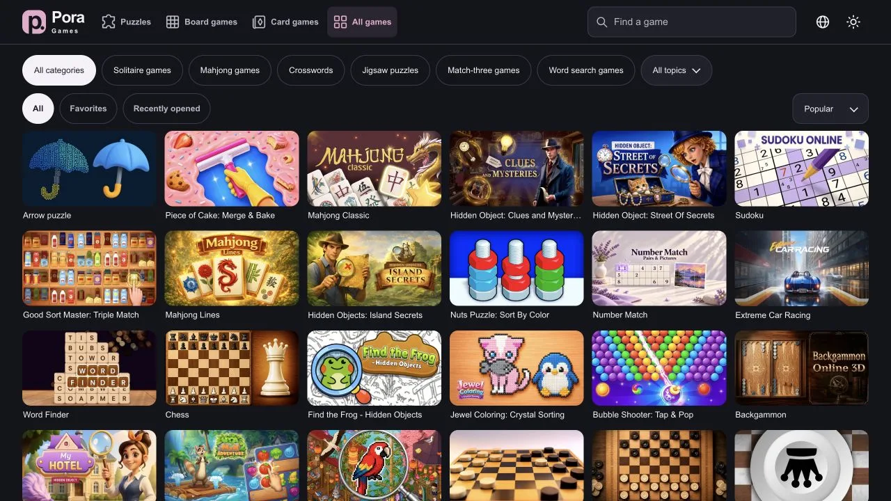 English Pora Games catalogue with games across genres